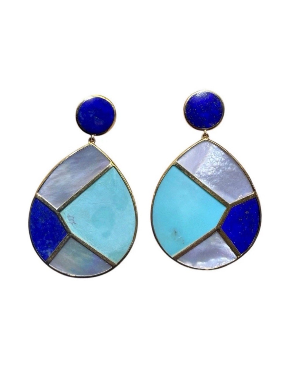 Ippolita 18k gold rock candy mosaic snowman drop earrings Lapis, Turquoise, MOP